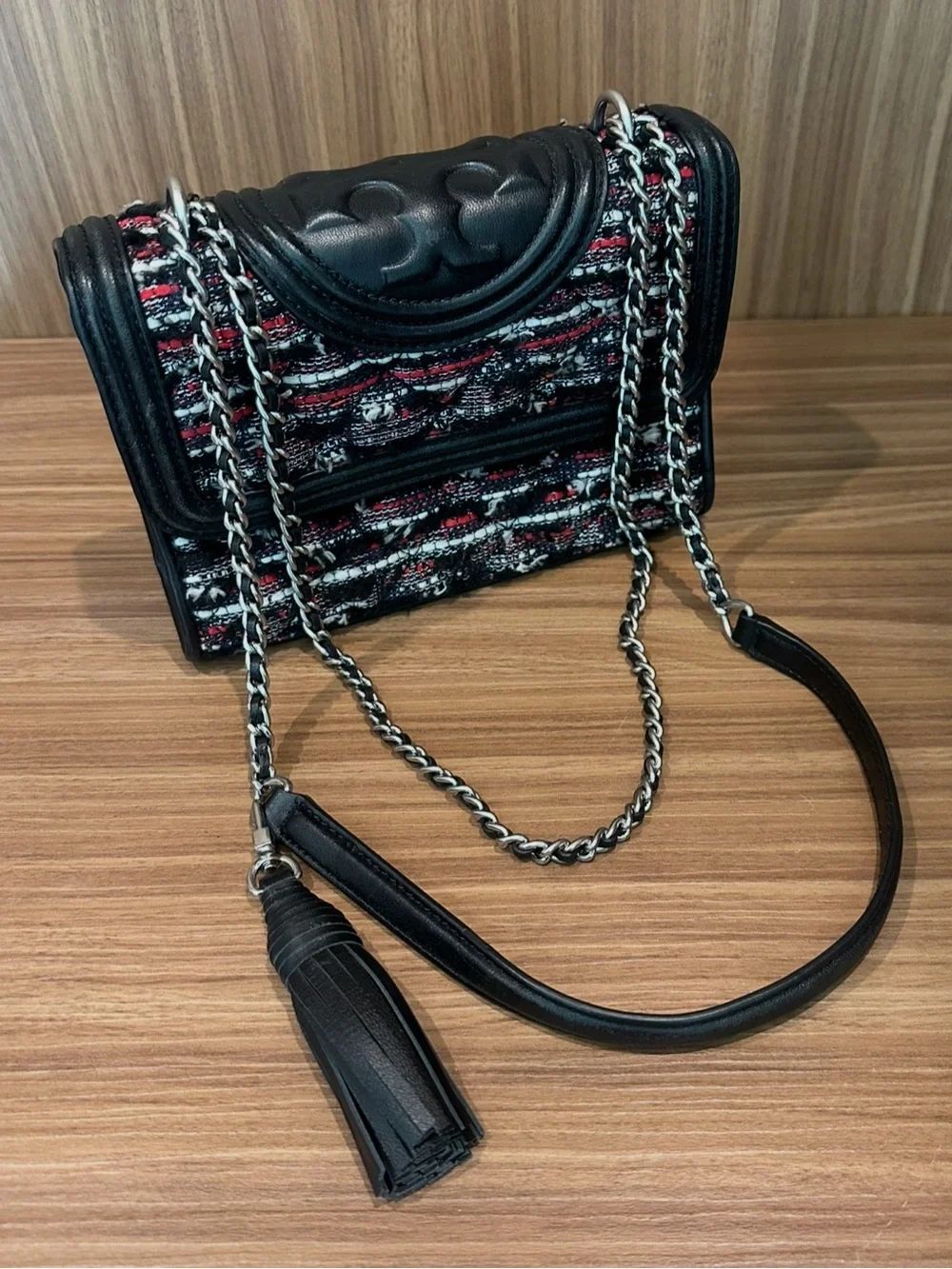 Tory Burch Tweed Chain-Handle Flap Shoulder Crossbody Bag with Tassel Black